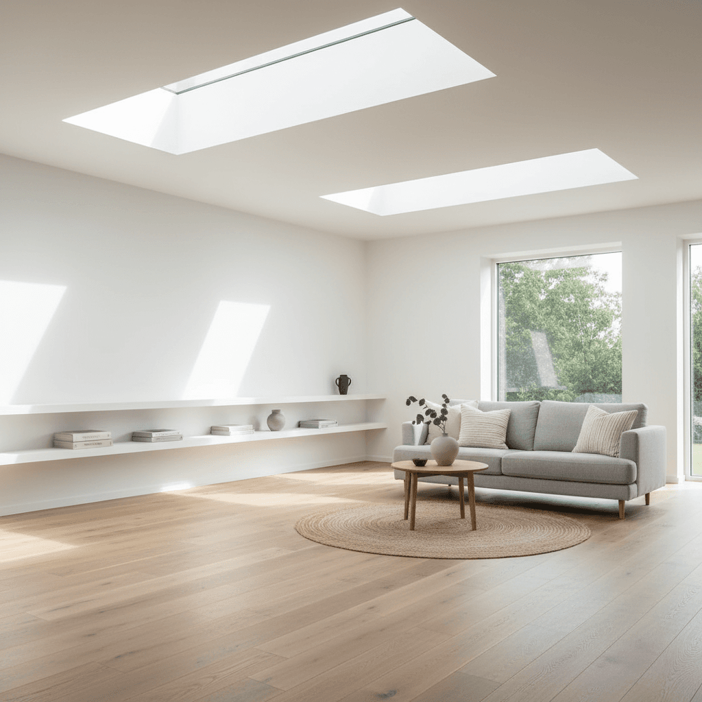 Natural daylight flooding a modern interior through flat roof skylights