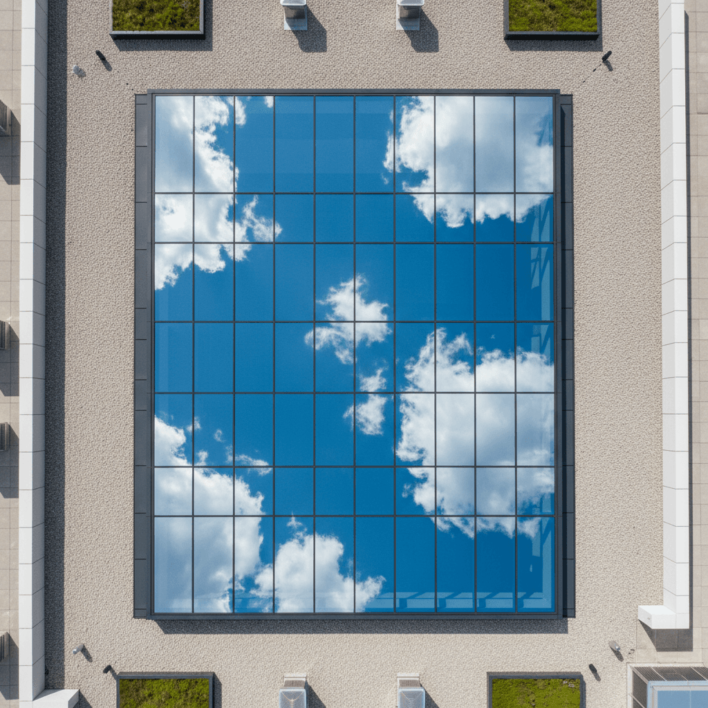 Natural light streaming through a flat roof skylight